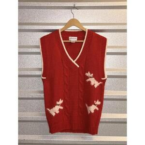 Vintage Christmas Vest Red Cable Knit Sleeveless with White Dog Motif Small